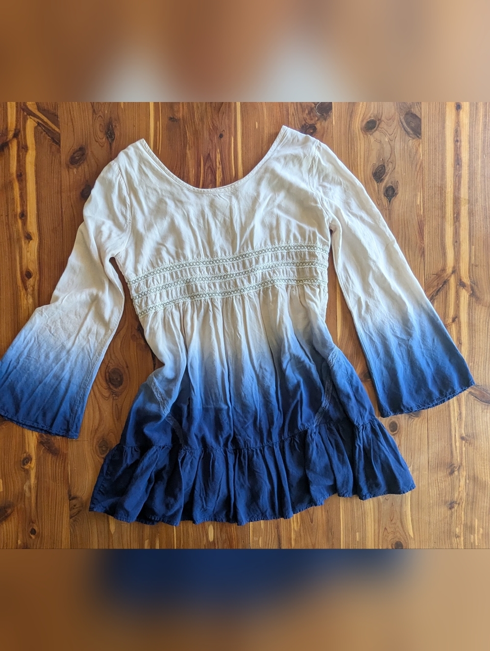 Blu Pepper White-to-Navy Ombre Long-Sleeve Peasant Dress